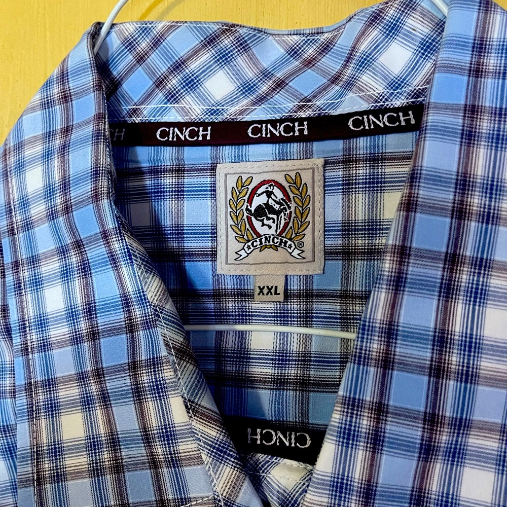 Long sleeve blue plaid cinch western shirt